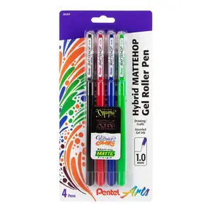 Pentel Arts Hybrid MATTEHOP Gel Roller, 1.0mm, Matte Black, Matte Red, Matte Blue, Matte Green, Pack of 4 Pens