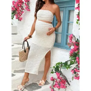 TAMALLA Pregnant Women's Solid Color Strapless Hollow-Out Elegant Dress For Beach Vacation