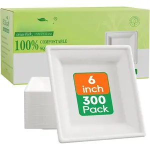 6 Inch Compostable Square Paper Plates, 300 Count Heavy Duty White Small Paper Appetizer Plates, Disposable  for Dessert Daily meals, Dinner, Parties, BBQ