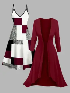DRESSLILY Women's Colorblock Geometric Print Spaghetti Strap Dress and Open Front Top Set Spring Matching Outfit, Valentine's Day Gift