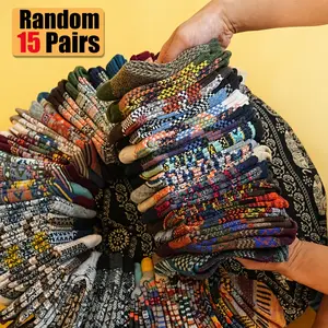 5 pairs / 15 pairs of men's and women's all-purpose mid-calf knitted socks, thick and warm, with anti-slip retro tribal patterns. 95% polyester, 5% spandex. Machine washable. Suitable for indoor and outdoor use. Womenswear