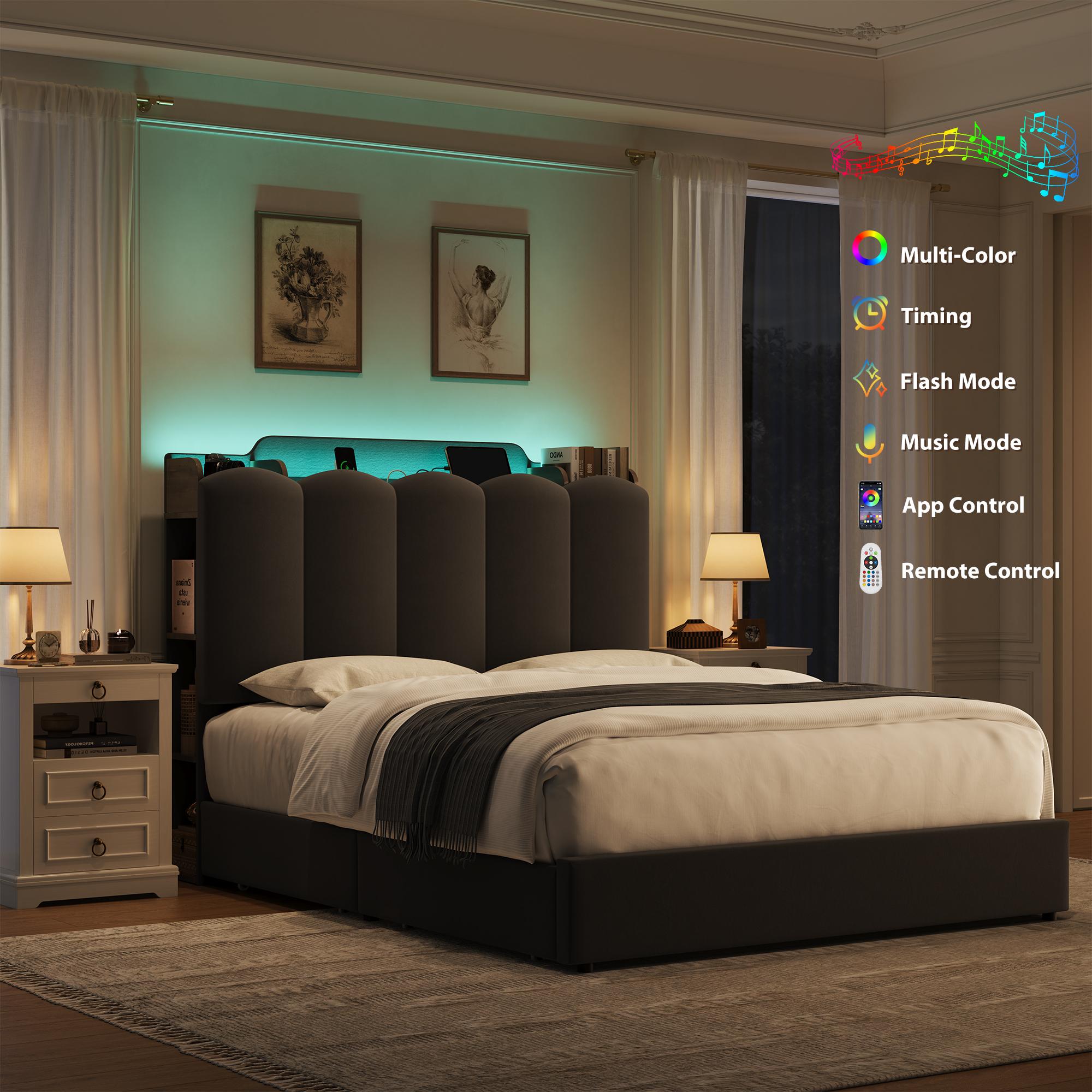 HOSTACK Upholstered Platform Bed Frame (Full Size, No Mattress/Box Spring Needed) - Modern Bedroom & Apartment Furniture with Storage Headboard, LED Lights, Charging Station, Drawers, Shelves, USB & Type-C Outlets, Modern Bedroom Furniture, Platform Bed D