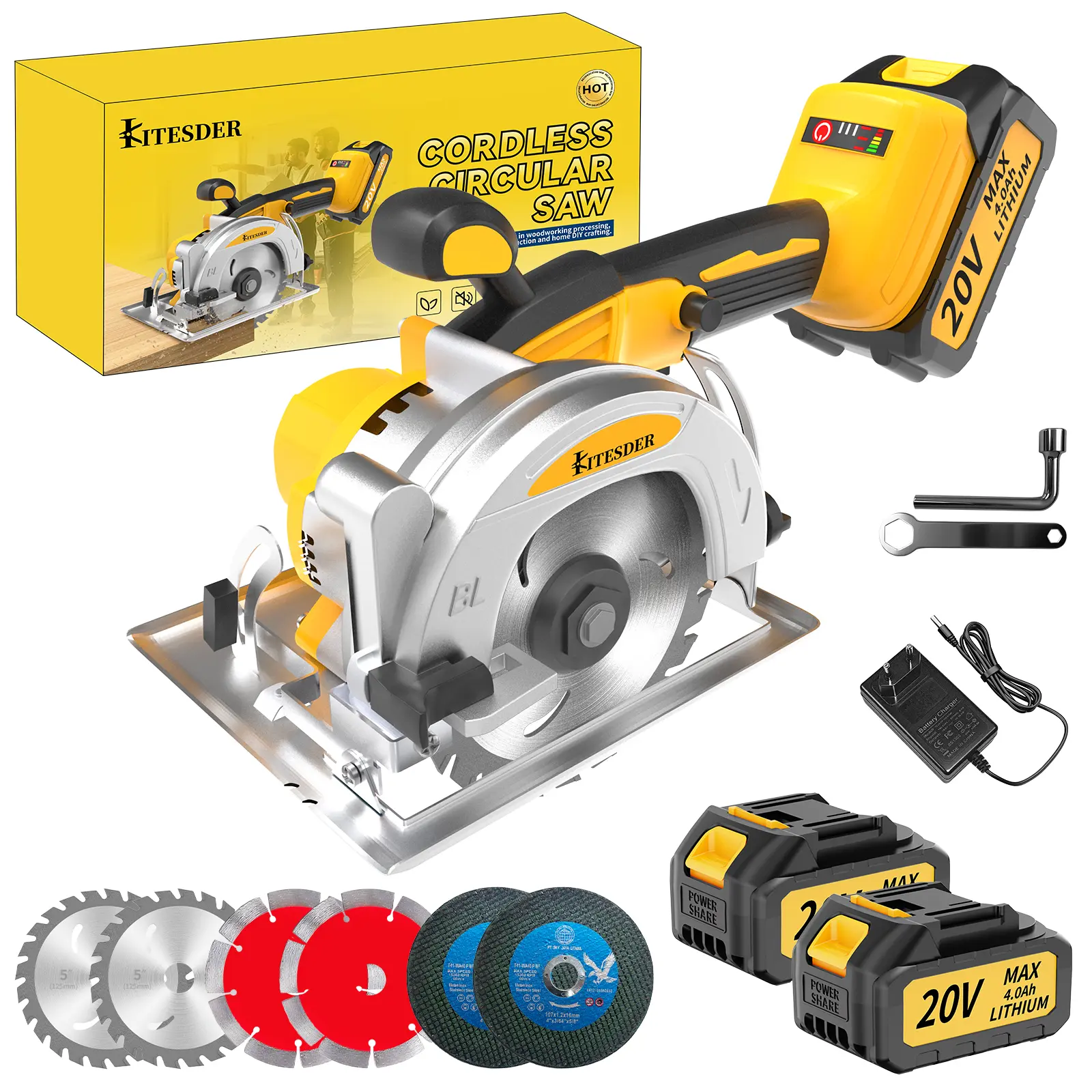 KITESDER 20V Lithium Cordless Brushless Circular Saw, 6900 RPM Battery Powered Saw with 2-1/20" Cutting Depth, Cordless Handheld Saw with 4.0Ah Battery & Charger, Multi-Blade Kit, Auxiliary Handle for Wood, Soft Metal, Plastic Cutting, Battery Powered Saw