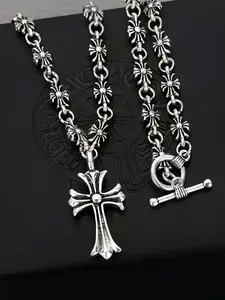 Vintage Silver Cross Pendant Necklace Unisex, Gothic Flower Chain Choker Necklace, Punk Y2K Jewelry