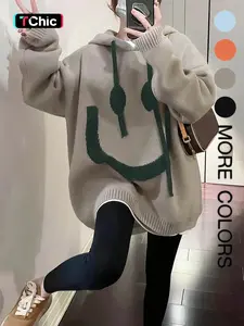 Women's Cartoon Face Print Drop Shoulder Hooded Knitted Sweater, Fashion Casual Long Sleeve Drawstring Hooded Sweater for Daily Holiday Outdoor Wear, Women Knitwear for Fall & Winter, Sweaters for Women