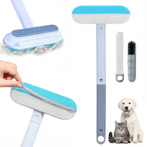 4-in-1 Pet Hair Remover with Long Handle – Reusable Dog & Cat Hair Removal Brush, Washable Lint Roller Alternative, Gentle on Furniture, Multi-Surface Fur Remover + 2 Carpet Scrapers