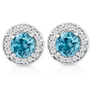 3/4ct Halo Diamond Blue Topaz Studs 14K White Gold