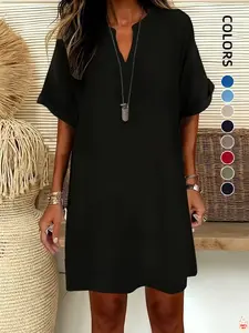 Women's Plain Notched-Neck Short Sleeve Dress, Casual Fashion Drop Shoulder A-Line Dress for Summer, Comfortable and Stylish Dress