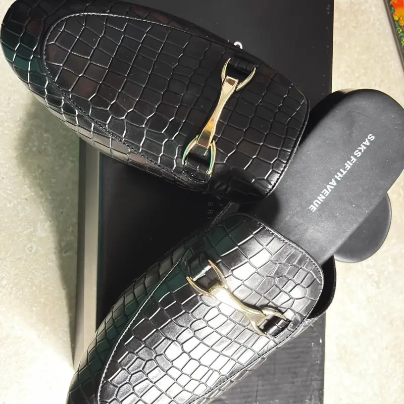Men's Saks Fifth Avenue Croc-Embossed Black Leather Horsebit Mules