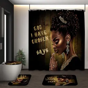 LVRLVR 4Pcs African American Woman "God I Have Chosen Says" Quote Print Religious Black & Gold Multi-Color Shower Curtain Set 70.8×70.8 Inch