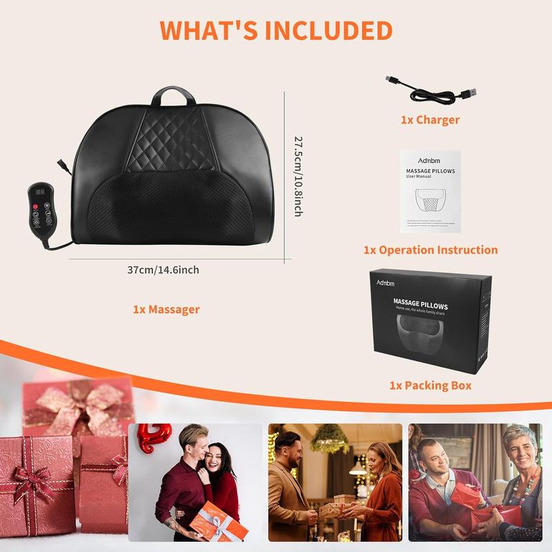 Admbm Cordless Neck & Back Massager with Heat Rechargeable Deep Tissue Shiatsu Pillow for Pain Relief Portable Kneading Massager for Home Office Car Gift for Mom Dad Men Women Daily Adjustable