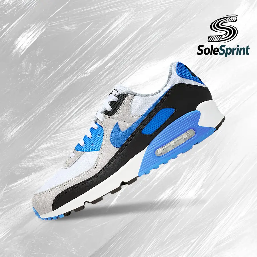 NIKE Men's Air Max 90 White Blue Crystal Lifestyle Sneakers (DM0029 122) - Foam, Shock Absorb., Gym Streetwear Casual, Vintage Spring & Summer Inspired, Multi-Size, Back to School Sports Footwear