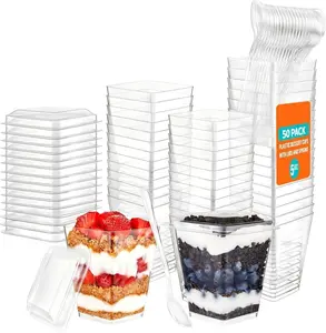 5 oz Plastic Dessert Cups with High Flat Lids and Spoons 50 Pack Mini Clear Parfait Cups Square Party Serving Cup for Pudding Appetizer Fruit and Jello BPA-Free Food Grade PS Plastic Reusable for Multiple Occasions