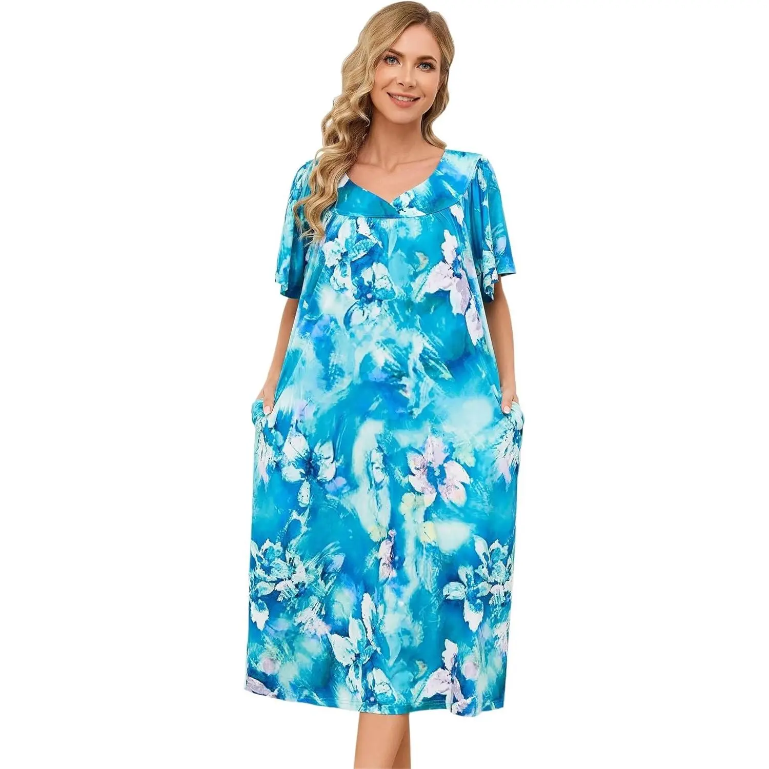 Muumuu House Dresses for Women Nightgown Duster Moomoo Short Sleeve Patio Dress with Pockets S-3XL