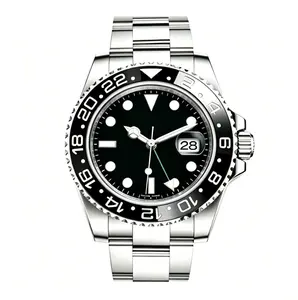 Automatic GMT Watch for Business Men, Luminous Dial with Date Window, Oyster Stainless Steel Bracelet, Waterproof Sports Diving Wristwatch