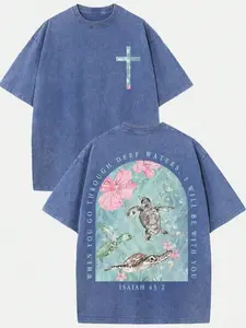 B-Isaiah 43:2 Christian Graphic Tee, Vintage Washed Oversized T-Shirt, Sea Turtle Hibiscus Ocean Print Y2K Shirt, Bible Verse Faith Tee for Women Men, Casual Short Sleeve Streetwear Top, Inspirational Religious Gift Shirt