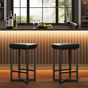 Bar Stools Set of 2 24.6 inch Counter Height Backless Barstools Upholstered PU Leather Seats with Metal X-Frame Footrest Modern Kitchen Stools for Home Bar Dining Room Modern Black