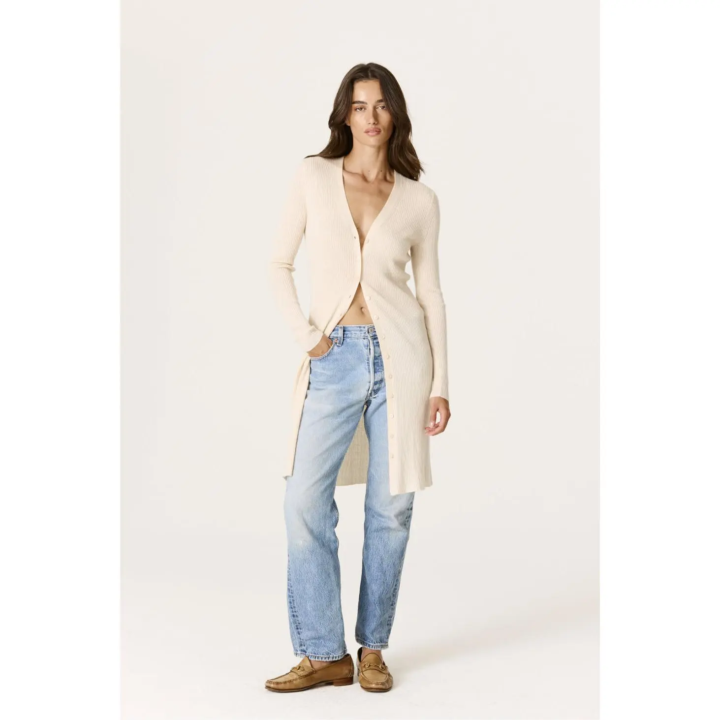 LARA CASHMERE RIBBED MIDI CARDIGAN - VINTAGE CREAM