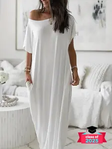 DMR Women's Solid Color Batwing Sleeve Lounge Dress, Casual Elegant Comfy Short Sleeve Baggy Nightdress for Daily Wear, Ladies Sleepwear for All Seasons, Off-shoulder sexy long dress