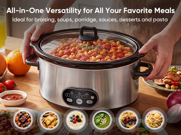 Sweetcrispy Slow Cooker - 3 Cooking Settings, Dishwasher-Safe Stoneware Crock, Glass Lid, Full-Grip Handles, Easy Carry, Fast and Easy Cleanup, Long-Lasting Performance, Minimal Effort for Blueberry Cobbler & Delicious Meals, Variety Of Foods