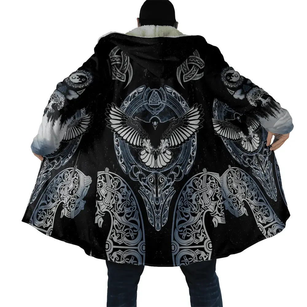 Men's Fleece Lined Hooded Cloak Coat, Norse Viking Yggdrasil Tree of Life Print Long Open Front Jacket, Oversized Warm Graphic Outerwear