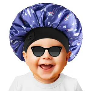 KF5-HBA103 Kids Bonnet, Soft Silk Satin Bonnet for Girls Boys, Double Layer & Wide Elastic Band Kids Sleeping Cap, Adjustable Night Hat for Child Natural Hair Curly Hair (Blue Spaceship) Haircare Daily Gift Heatless Pink Angel