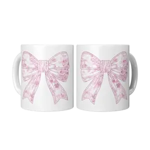 Pink Toile Bow Ceramic Coffee Mug - Reusable and Washable Tea Cup