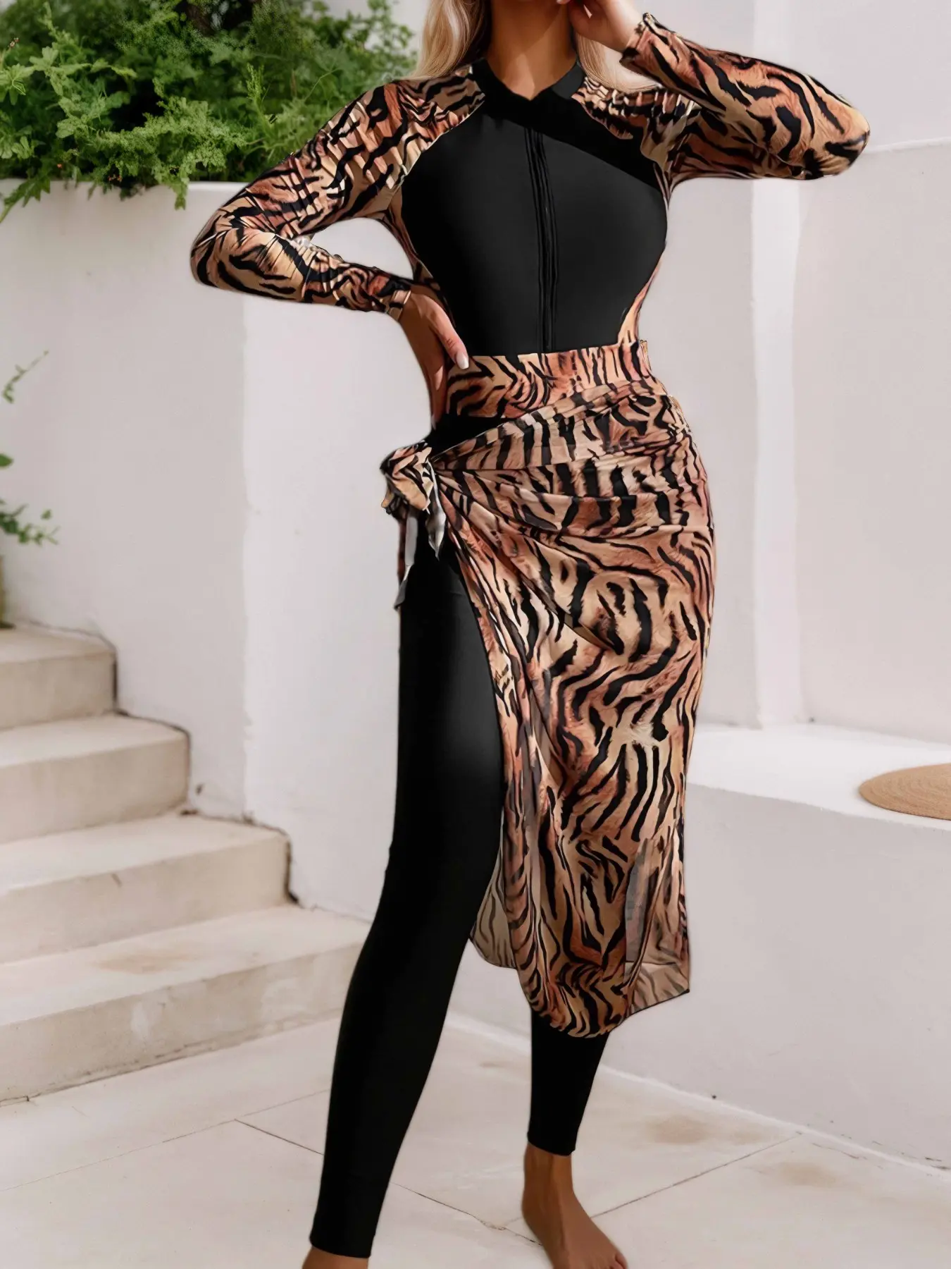 Muslim Women's Leopard Print Swimwear Set, Modest Fashion Swimsuit, Swimsuit Style, High Neck Zipper Long Sleeve Top, Slimming Pants, Lace Skirt, Beach Vacation, Modest Beach Swimsuits, Modest Bathing Suits