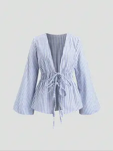 European and American Stylish Striped Belted Blouse with Flared Sleeves, Autumn Office Wear and Daily Outing Top for Comfort