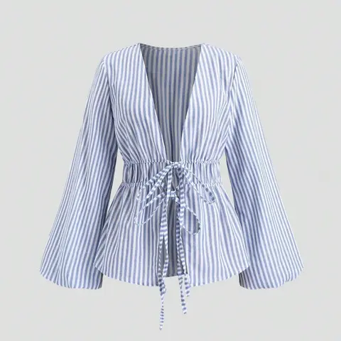 European and American Stylish Women Casual Fitted Striped Belted Woven Bell Sleeve Blouse Shirt with Flared Sleeves, Long Sleeve, Spring Autumn Office Wear and Daily Outing Top Blouses Shirts Tops for Comfort Fit
