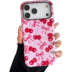 Suitable for IPhone 17 Pro Max Case, Cute Pink Cherry Bow Pattern with Shockproof Slim Soft TPU and Hard PC Protective Cover for Women Suitable for IPhone 17 Pro Max Case, Glossy Protection Protector