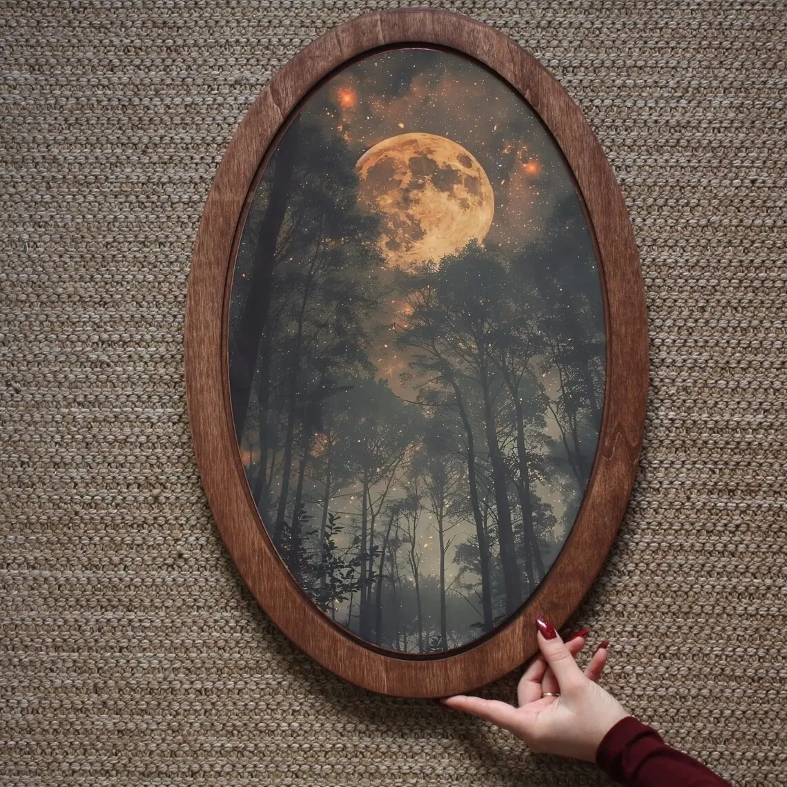Wooden Decor Plaque, Full Moon & Star Print, 30cm Oval Vintage Celestial Wall Art, Home Decor, Bedroom Decor, Decorative Artwork