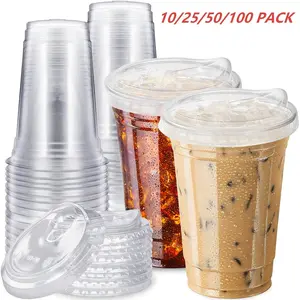 20 oz Clear Plastic Cups with Strawless Sip Lids, Reusable Iced Coffee Cups with Lids,Disposable Clear Plastic Cup with Lid for Iced Coffee,Smoothie,Cold Drinks for Party. 10/25/50/100 PACK