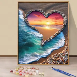 Paint by Numbers Kit for Adults Beginners - 16x20in/40x50cm Color Canvas, Easy DIY Beach Heart Acrylic Painting Set - Wall Decor for Living Room and Bedroom, Creative Gift for Birthday, Mother's Day and Christmas, Without Frame, Acrylic Paint Pens
