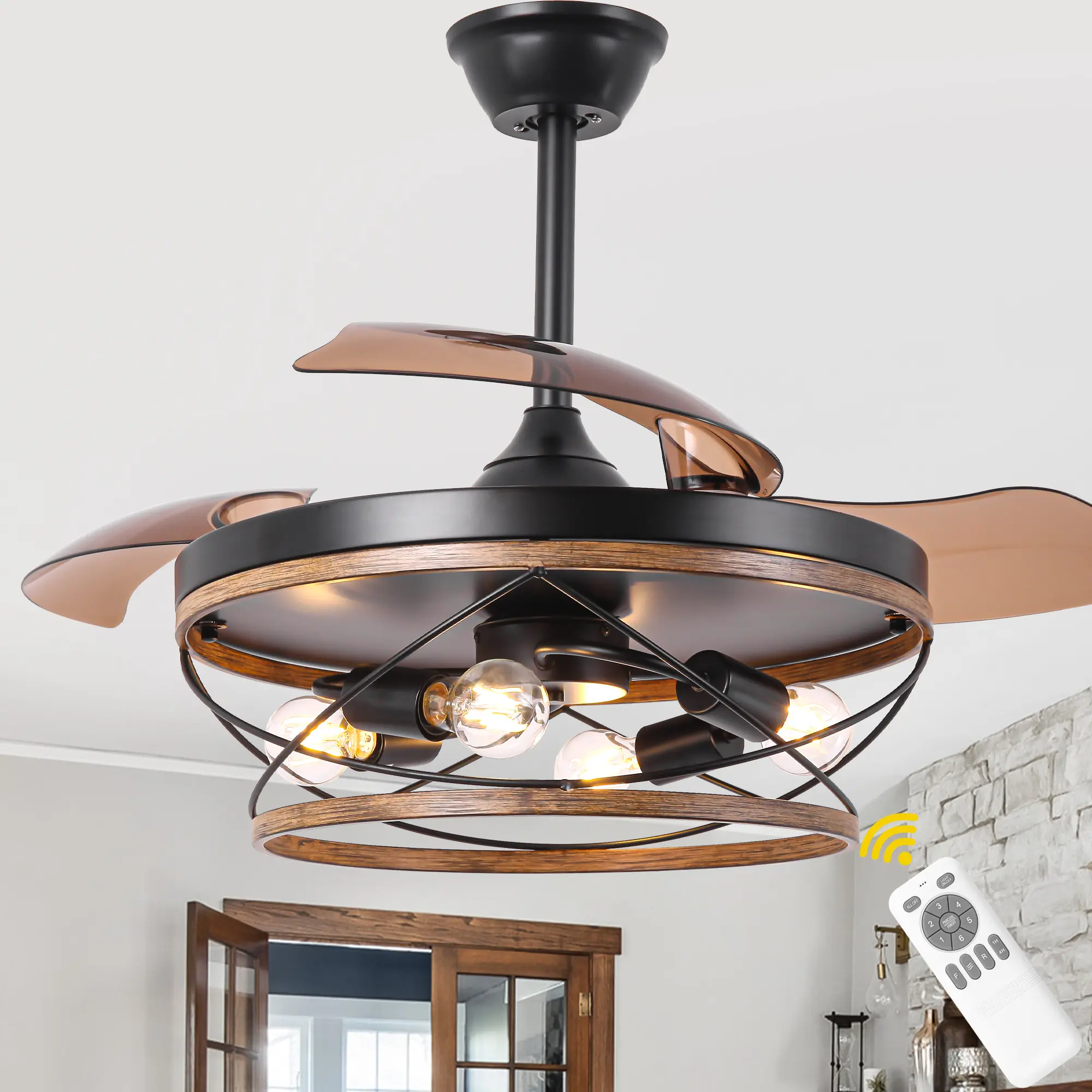 42" Retro Style Wood Grain Retractable Ceiling Fan with Remote Control Candelabra Bulb Base, DC Motor 6 Speeds Fan with Lights, Ceiling Fan for All Seasons