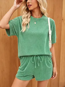 2026 Women's Ribbed 2 Piece Lounge Set Short Sleeve Top Drawstring Shorts Casual Matching Outfit Mother's Day Gift