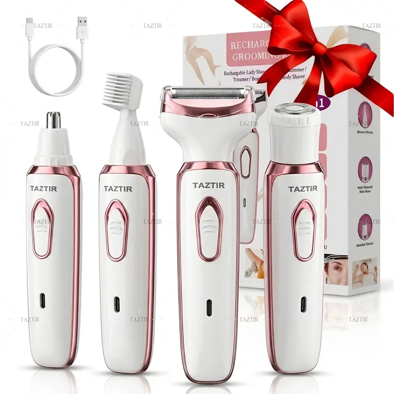 Women’s 4-in-1 Cordless USB Rechargeable Battery Multifunctional Hair Shaver & Bikini Trimmer Kit, Lightweight Wet/Dry Painless Remover with Eyebrow Trimmer Attachment, Portable Travel-Ready Grooming Set (Christmas, Thanksgiving Gift)