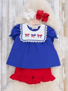 Patriotic Bow Bliss Embroidered Cotton Ruffle Outfit