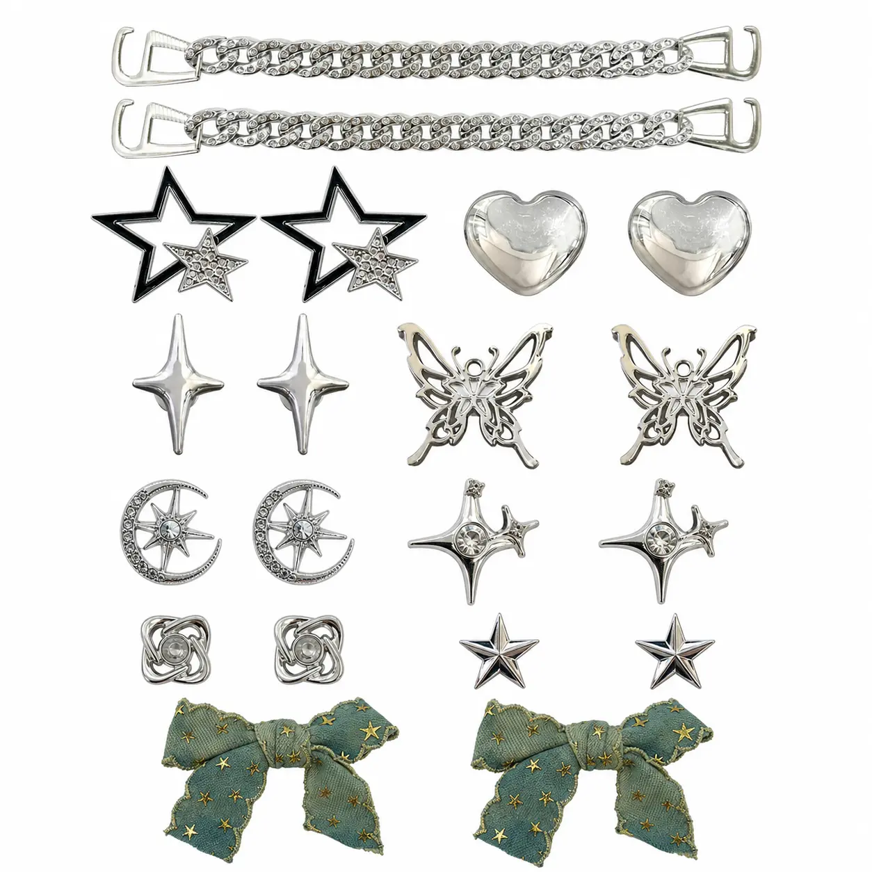 20Pcs Bling Shoe Charms Silver Rhinestone Denim Bow Jewelry Shoes Accessories, Rhinestone Chain Star Butterfly Heart Moon Shoe Charms Women Luxury Jewelry Clog Shoes Accessories for Party Favor Birthday Present