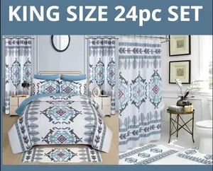 Harmony Aztec Blue 24pc Quilt Bedding Curtain Bathroom Complete Set King Size