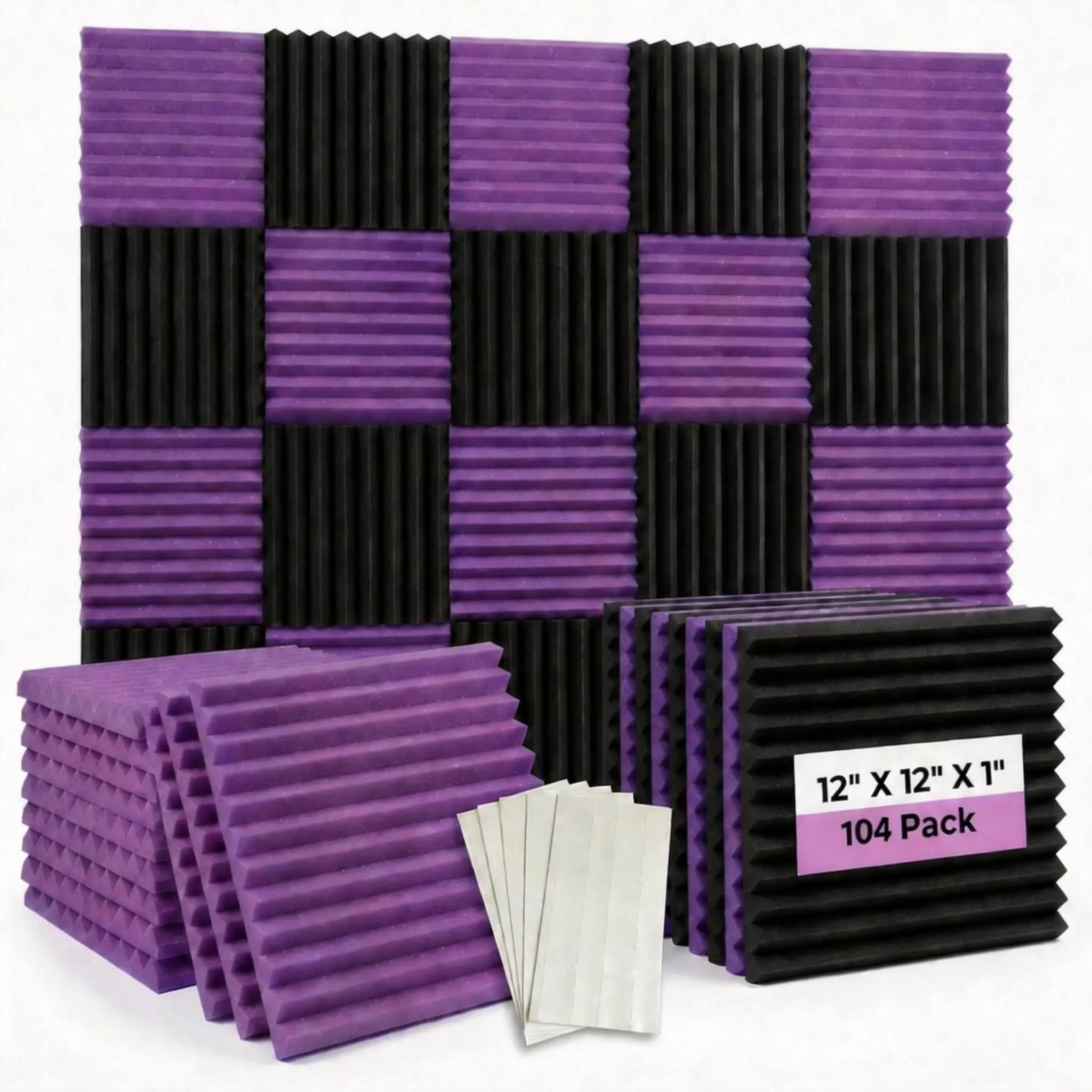 104-Piece High-Density Square Acoustic Panels (12x12x12in/30x30x30cm) - Black & Purple Triangular Groove Soundproof Foam, Echo Reduction, Living Room, Vocal Booths, 510pcs Adhesive Tape, Quick Recovery, Better Recording Quality