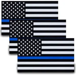 3pcs Reflective US Flag Stickers, Thin Blue Line American Flag Decal Car Laptop Bumer Sticker 5"x3" Vinyl, Support USA Police and Law Enforcement Officers
