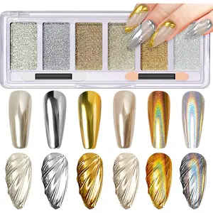 Gold Silver Chrome Nail Powder, Holographic Unicorn Iridescent Chrome Powder for Nails, 6 pc Metallic Mirror Effect Champagne Chrome Nail Art Powder Pigment Glitter with Applicators for Nail Art