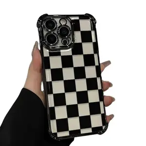 Black Checkered Phone Case  For iPhone 11–17 Pro Max| 4-Corner Shockproof| Slim Fit, Full Camera Protection , Durable & Trendy