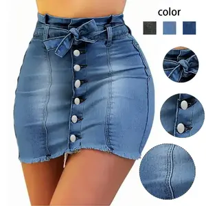 Women's High - Waisted Denim Mini Skirt with Button - Down & Bow - Accent - Retro - Inspired Style Womenswear Feminine
