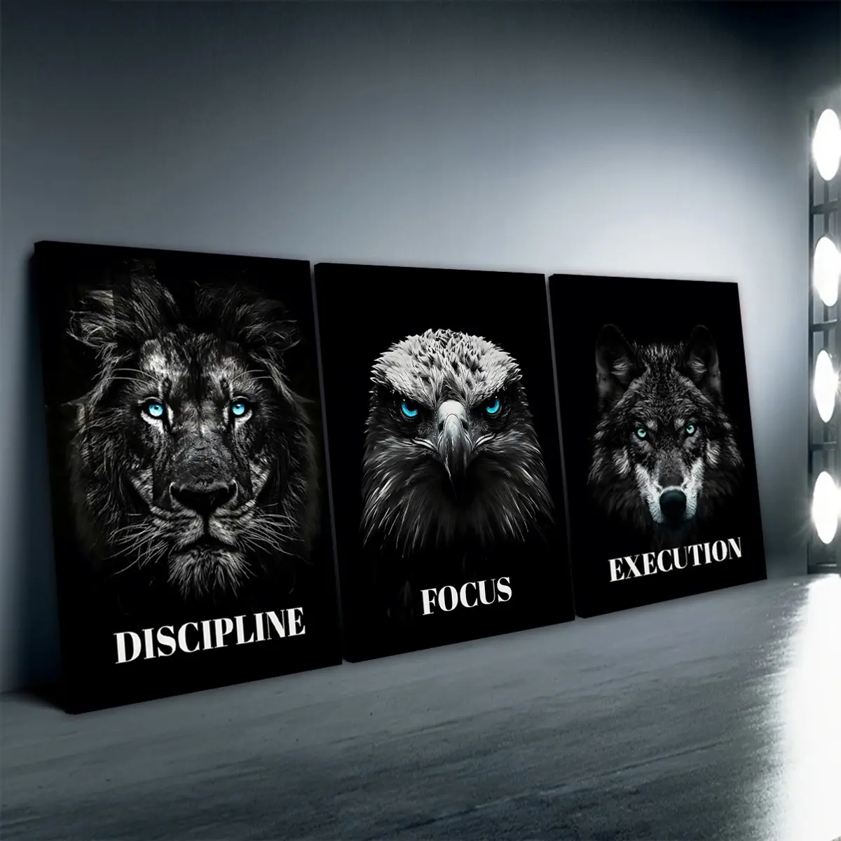 3pcs/Set Wooden Framed,Motivational Animal Art Prints Poster Print Wall Pictures, Lion, Eagle, Wolf Inspirational Wall Art Canvas Painting, Ideal For Bedroom, Office, Living Room, Wall, Room, Home Decoration, Instantly Enhance Your Space!