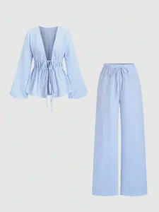 Women's Striped Set, Long Sleeve Wrap Top & High Waist Pants, Comfortable Linen Fabric, Womenswear, Summer Casual, Lunch & Vacation Wear, Elegance