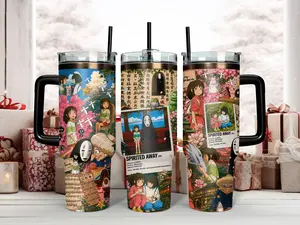 40oz Insulated Stainless Steel Studio Ghibli Spirited Away Tumbler - Portable Reusable Drinkware with Handle, Straw, Lid, Chihiro, Haku, No-Face, Yubaba for Miyazaki Anime Fans (Road Trips, Workouts), Collectible Character Mug