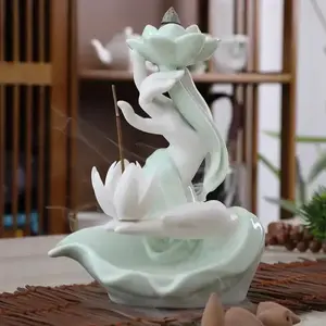 1pc,Celadon Ceramic Handicraft Zen Buddha Hand Backflow Incense Burner Lotus Tea House Decorate (Without Incense)