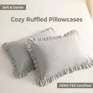 [Mother's Day Gift] NTBAY 2-Piece Ruffle Trim Cotton Pillowcases - 2-Inch Graceful Ruffled Cotton Pillow Covers, Soft & Breathable Decorative Pillow Cases with Envelope Closure